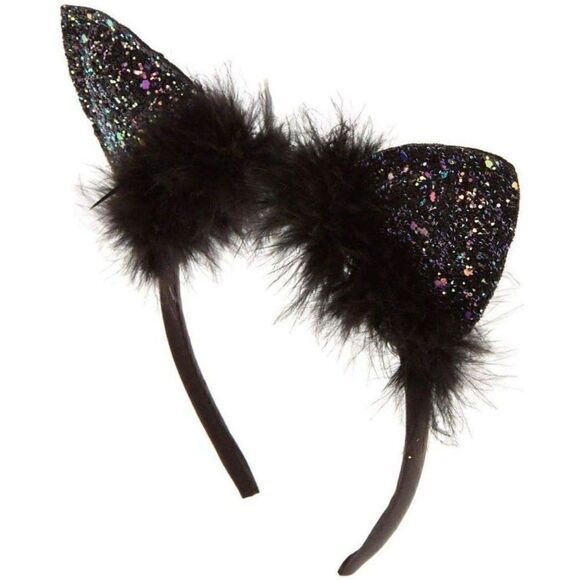 Sparkle Black Glitter Fuzzy Feathers Cat Ears Headband NWT - Picture 2 of 7
